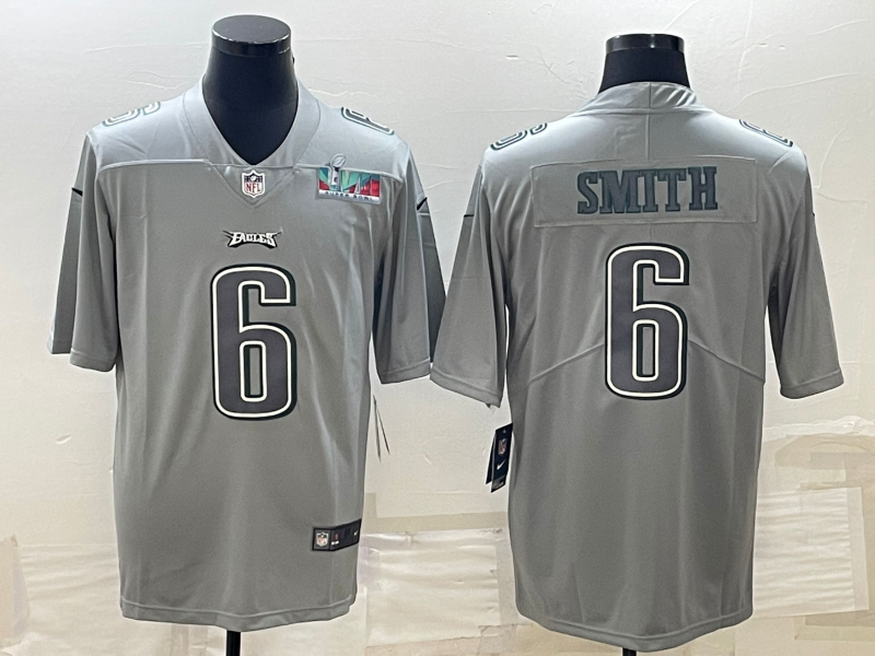 Men's Philadelphia Eagles #6 DeVonta Smith Gray Super Bowl LVII Patch Atmosphere Fashion Stitched Jersey
